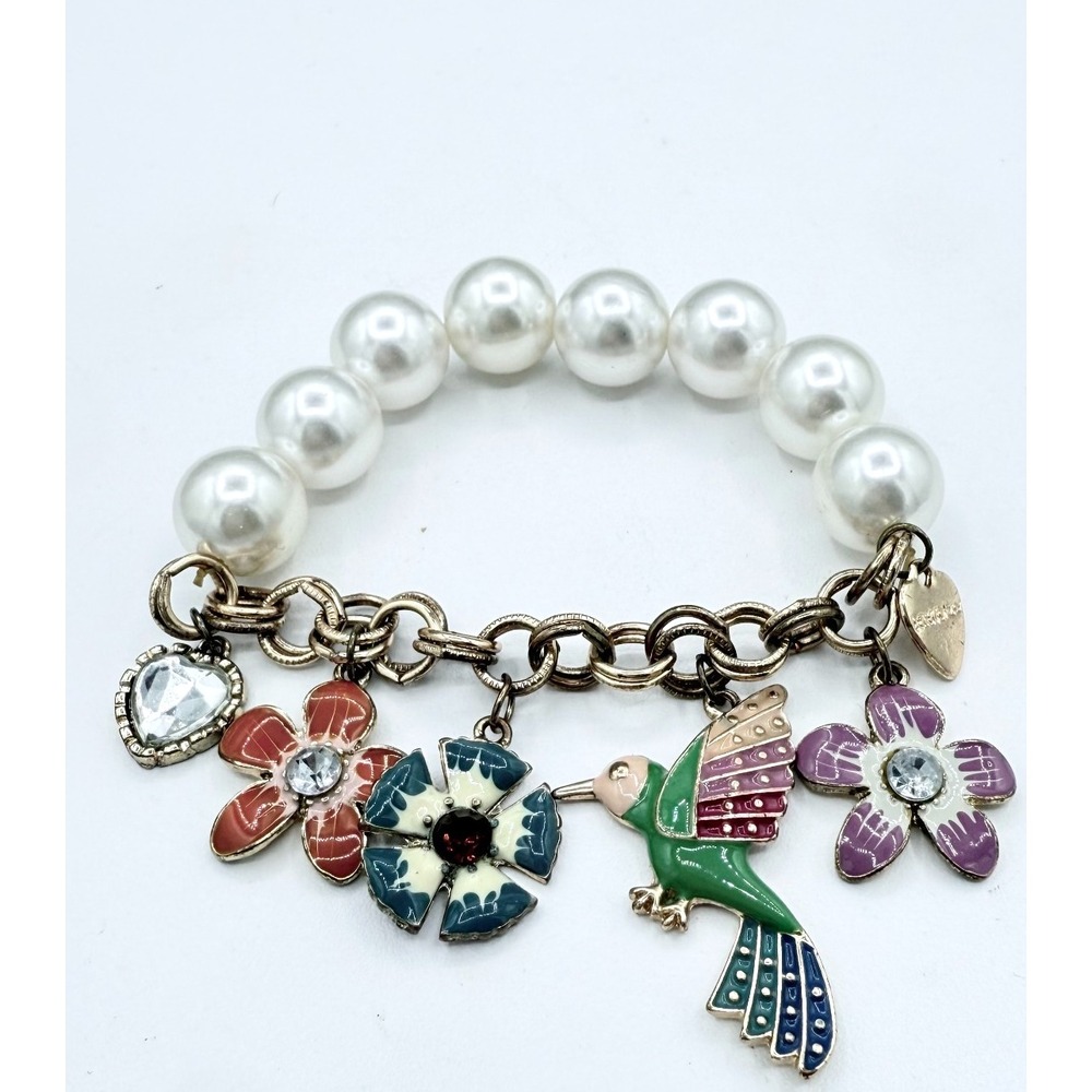 Rare Betsey Johnson Charm Bracelet Hummingbird Crystal Heart Flowers Y2K